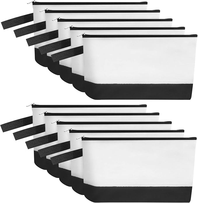 10 Pieces Cotton Canvas Makeup Bag with Bottom and Strap, Multi-Purpose Cosmetic Bag with Zipper Travel Toiletry Pouch, Blank DIY Craft Bag (White&Black, S)