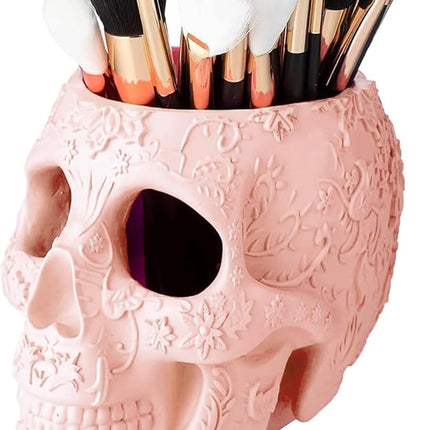 Skull Makeup Brush Holder, Pen Holder, Vanity, Desk, Office Organizer, Stationary, Decor Planter, Candy Bowl, Goth Decorations, Extra Large, Skulls Gothic Skull & Bones Organizer Bathroom (Cloud Pink)