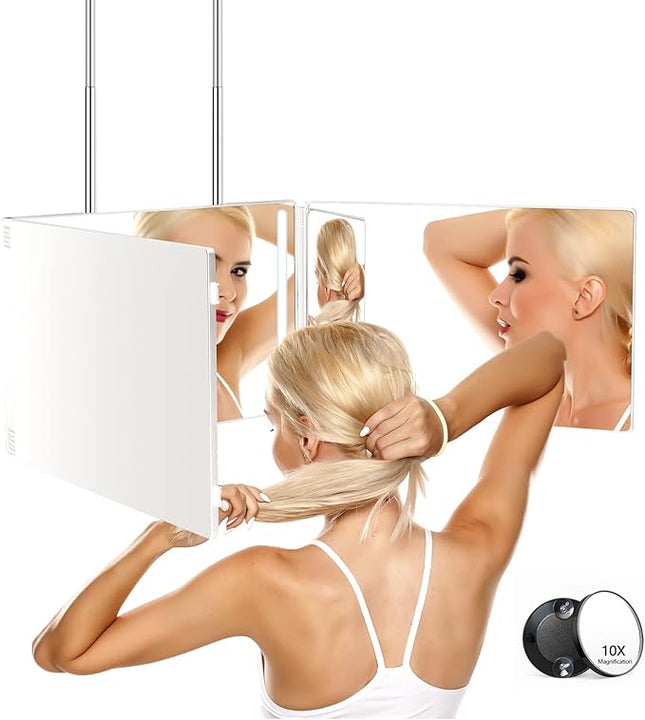 JANMPASK LED 3 Way Mirror for Self Hair Cutting Vanity Mirror Barber Supplies Accessories 360 Makeup with Light Trifold Mirror to See Back of Head (White with Light)