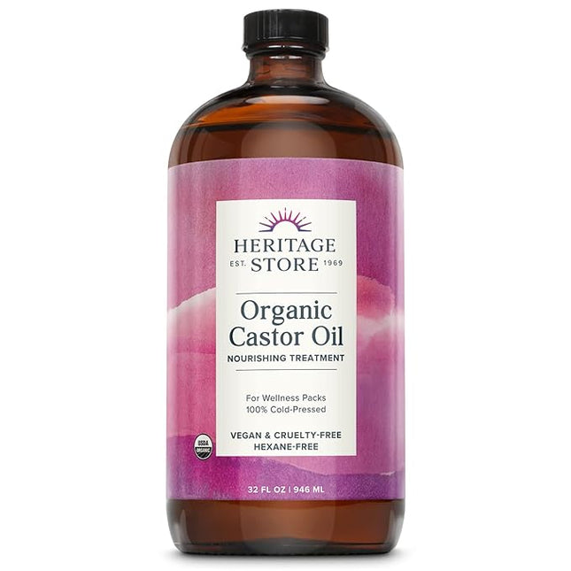 HERITAGE STORE Organic Castor Oil - 32oz Glass Bottle - Nourishing Treatment for Hair and Skin Care - Eyelash Serum for Eyelashes and Brows - Cold Pressed, Hexane Free, Vegan - 32oz