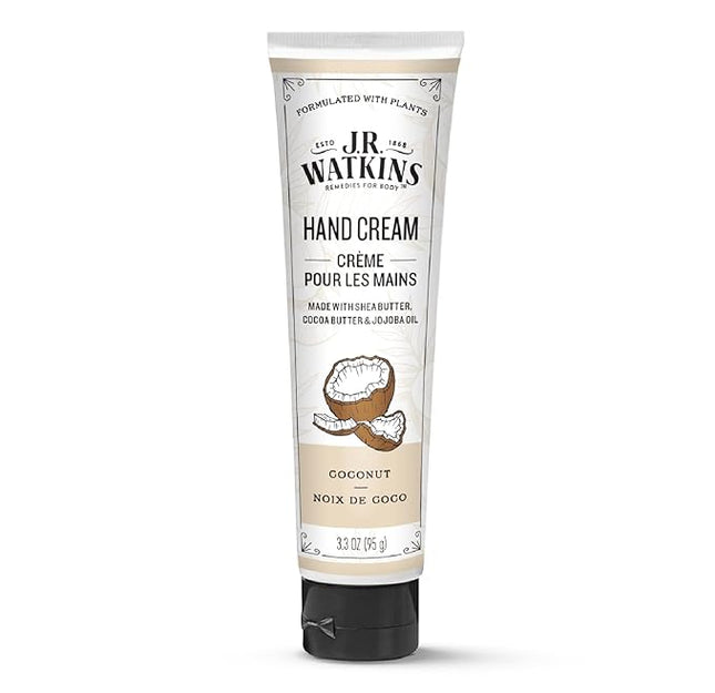 J.R. Watkins Natural Moisturizing Hand Cream, Coconut, Hydrating Hand Moisturizer with Shea Butter, Cocoa Butter, and Avocado Oil, USA Made and Cruelty Free, 3.3oz