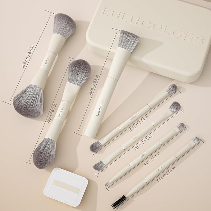 13-in-1 Dual-Ended Makeup Brush Set with Sponge & Travel Case – 7 Multi-Functional Brushes for Face & Eyes – Soft Bristles, Wooden Handles – Available in Cream, Green, or Pink (Cream White)