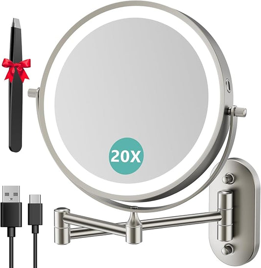 1X/20X Wall Mounted Makeup Mirror with Light, 8" Rechargeable Double-Sided Magnifying Mirror, Vanity Mirror Dimmable 3 Color Light, 360° Extension Rotation Foldable 14.5 Inch Arm, Brushed Nickel