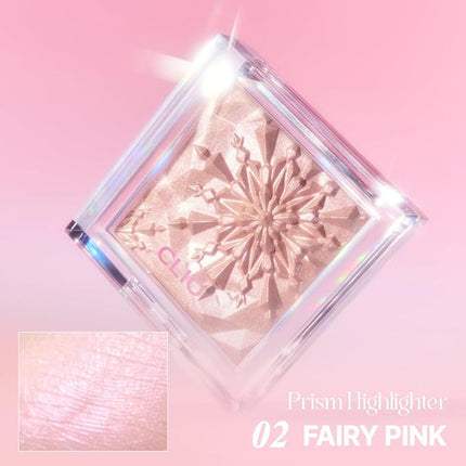 CLIO Prism Highlightr makeup, High Glossy Face Illuminator, Pearl Shimmer Smooth Baked Powder, Glitter Long- Lasting (6 Colors) (02 Fairy Pink, One Size)