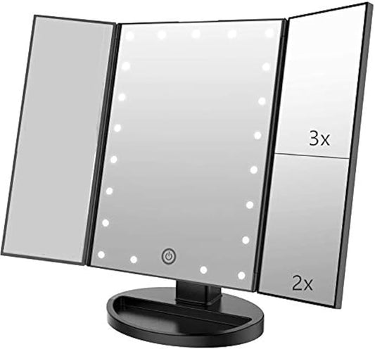 Trifold Makeup Mirror Vanity Mirror with Lights,1X 2X 3X Magnification,Touch Screen,180 Adjustable Rotation,Portable Travel Bathroom Cosmetic Mirror