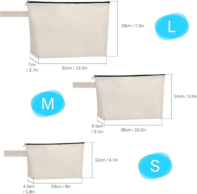 10 Pieces Cotton Canvas Makeup Bag with Bottom, Multi-Purpose Cosmetic Bag with Zipper Travel Toiletry Pouch, Blank DIY Craft Bag Pencil Bag (M, Black), MN-WB07