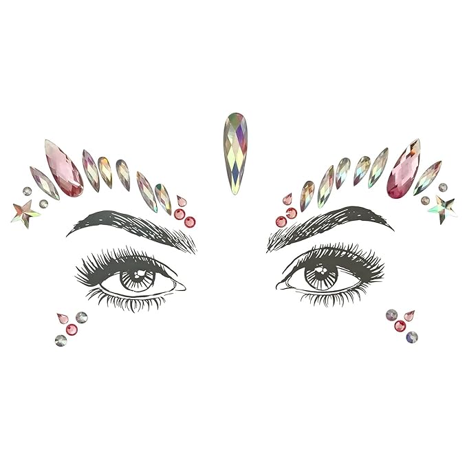 Musical Ruby Face Jewels - Rave Crystal Gems, Glitter Party Tattoos (8 Pcs)