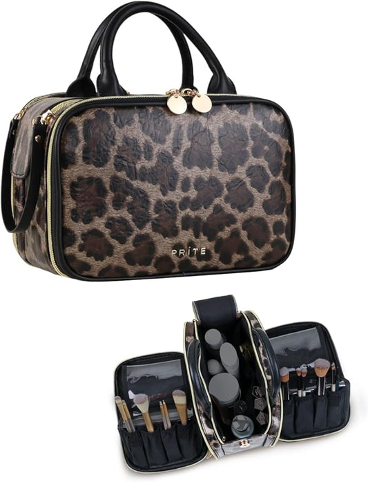 Prite Makeup Bag for Women, Large Capacity Waterproof Travel Cosmetic Organizer, Portable Open Flat Toiletry Bag with Free-standing Brush Holder and Handle(Leopard Print Medium)
