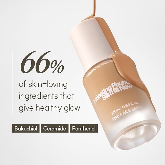 THE FACE SHOP Ink Lasting Liquid Foundation, Full Coverage, 72‑Hour Wear Semi‑Matte Finish, Makeup with Bakuchiol, W110 Vanilla, 0.84 Fl. Oz.