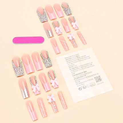 RUOKEXIN Long Square Press on Nails - French Tip False Nails Pink, Bow Rhinestone Designs, 24Pcs
