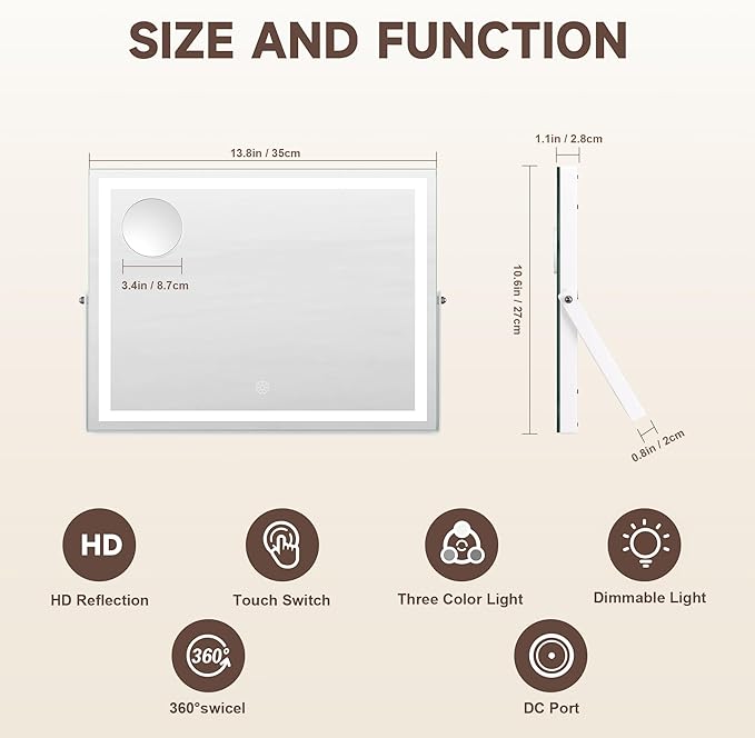 MINISO Vanity Mirror with Lights, 13.8" x 11" LED Makeu Mirror, Light & Brightness Adjustment, Smart Sensor, 360°Rotation, Aluminum Alloy Metal White Frame, with 5X Magnifying Glass