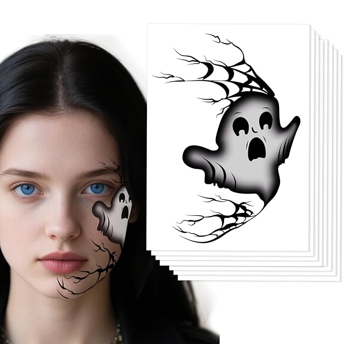 Halloween Ghost Tattoo, Scary Ghost Tattoos, Face Temporary Tattoo Sticker, Temporary Makeup Tattoo Stickers for Halloween Cosplay Party DIY Decorations - 8Pcs