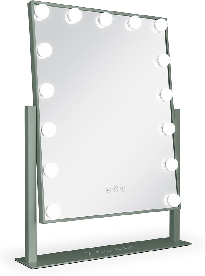 Zadro Hollywood Lighted Vanity Mirror with 15 LED Bulbs, 3 Color Light Settings, 360° Rotation Makeup Mirror Head (21" H x 18" W | 1X | Dark Green)