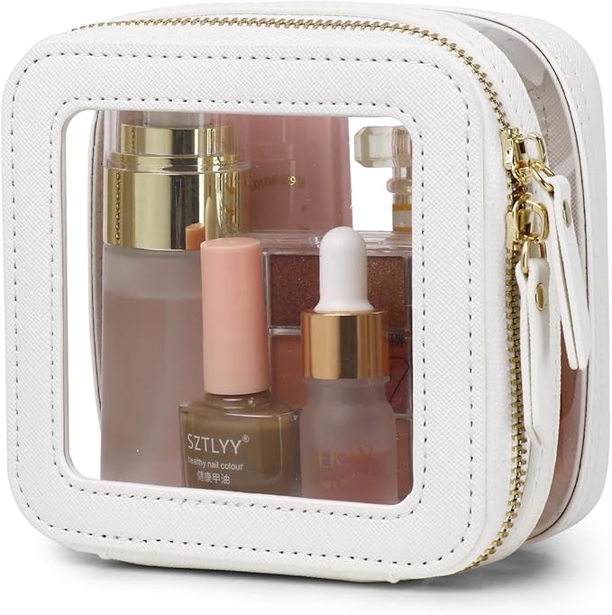 Pinkmik Small Makeup Bag Clear Mini Cosmetic Makeup Case & Toiletry Bag with Zipper Women's Purse Organizer & Car Essentials (White, MINI-2)