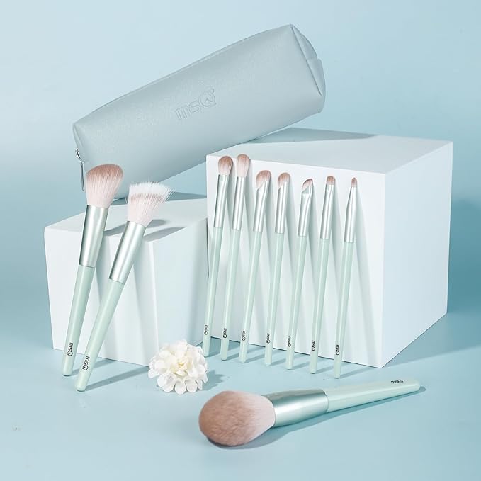 MSQ Make Up Brushes 10Pcs Powder Brushes Stipple Brush Synthetic Hair Makeup Brush Set with Bag for Powder Blending Contour Eyeshadow Eyeliner Nose Shader Concealer