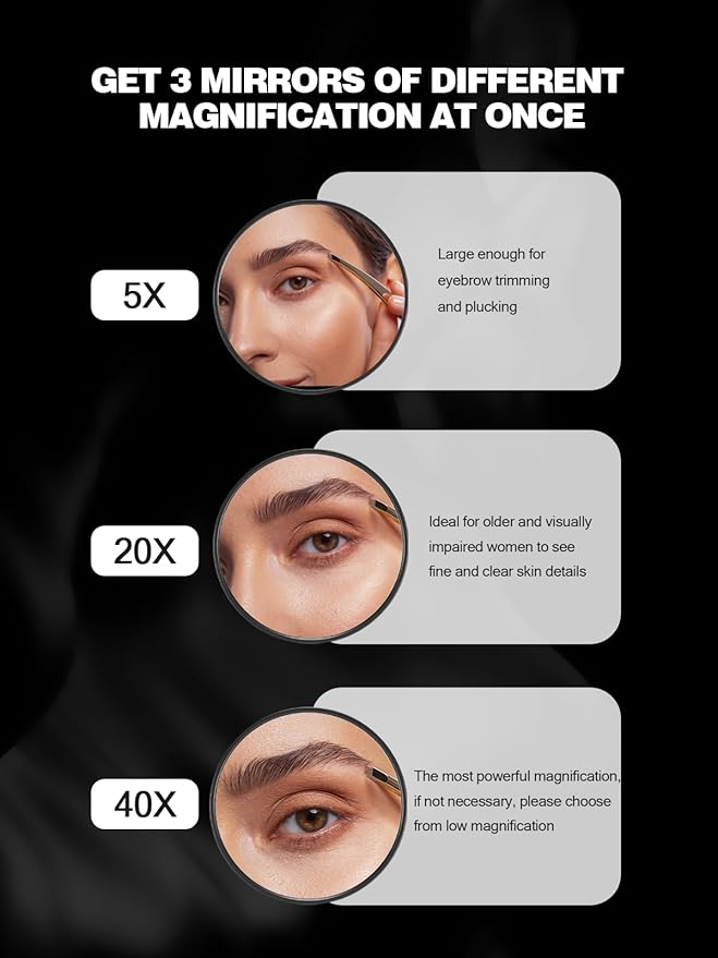 5X/20X/40X Magnifying Mirror with Suction Cups and Tweezers Set, 3.5 inches Travel Magnified Makeup Mirror, Black, 3PCS