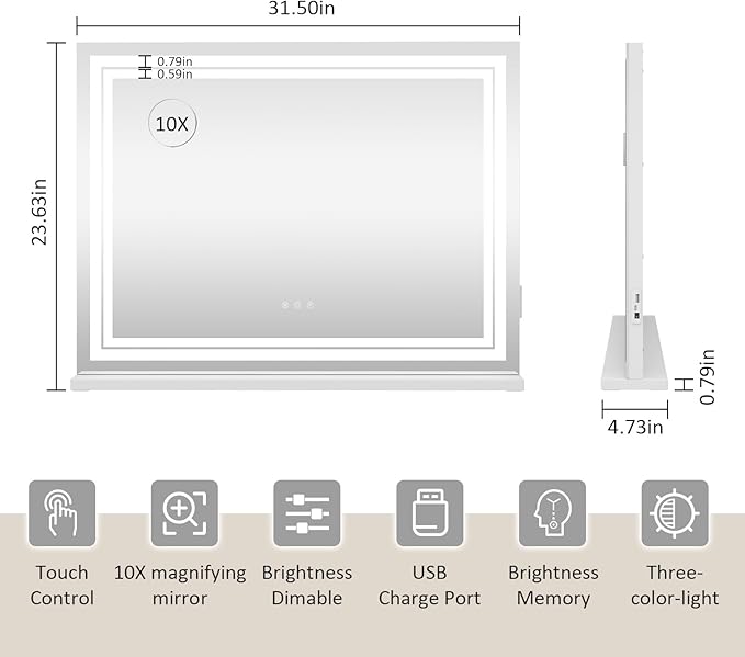 YOURLITE Vanity Mirror with Lights, 32"x 23" Hollywood Mirror with Double LED Lights, 3 Colors Modes & Adjustable Brightness, Makeup Mirrors Vanity Mirror 10x Spot Mirror, USB Charging Port