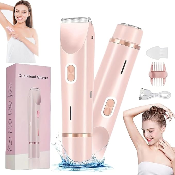 Electric Razor for Women, Rechargeable Hair Remover, Portable and Safe Lady Razor, 2 in 1 Double-Headed Waterproof Wet and Dry, Electric Bikini Trimmer for Women (Pink-1pcs)