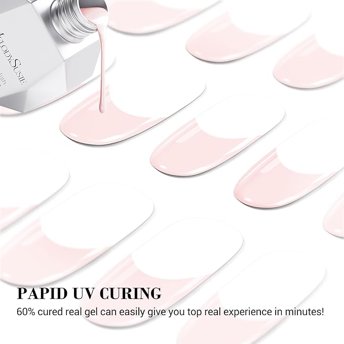 MelodySusie Semi Cured Gel Nail Strips (Pink French Tips), Works with Nail lamp, Salon Quality, Long Lasting, Easy to Apply abd Remove, Includes 20Pcs, 2 Prep Pads, Nail File and Wooden Stick