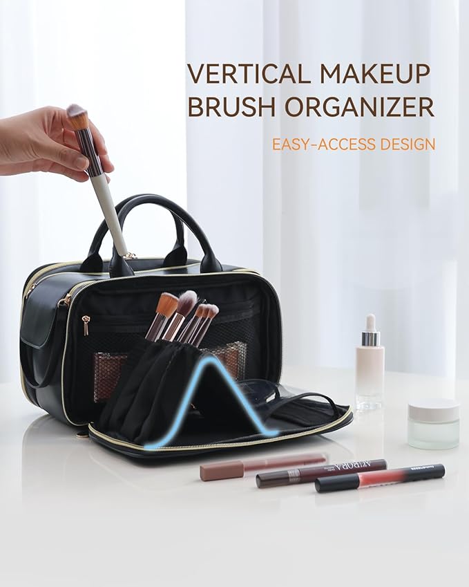 Prite Makeup Bag for Women, Large Capacity Waterproof Travel Cosmetic Organizer, Portable Open Flat Toiletry Bag with Free-standing Brush Holder and Handle(Black Medium)