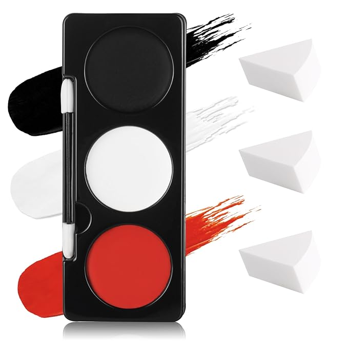 Black White Red Face Paint + 3PC Sponge + Brush,3 Colors Body Paint Halloween SFX Makeup Kit for Devil Goths Joker Clown Vampire Skeleton,Eye Black for Baseball/Softball/Football,21g