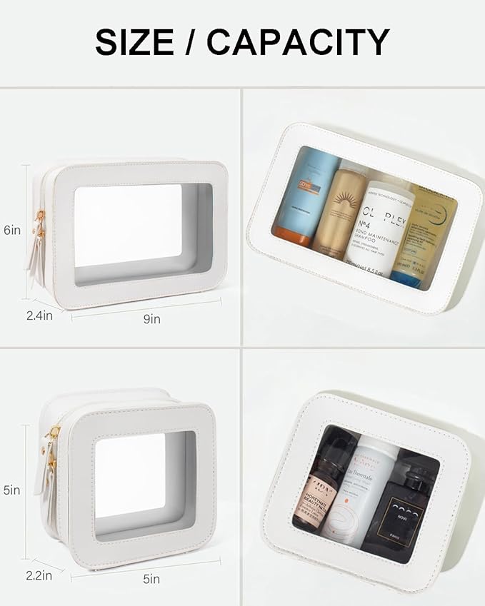 2 Pcs Travel Clear Makeup Bag Set, Clear White Makeup Organizer with Zipper Leather Travel Bags for Toiletries Small Cosmetic Bags for Women Mini Make up Pouch Toiletry Bags Car Essentials