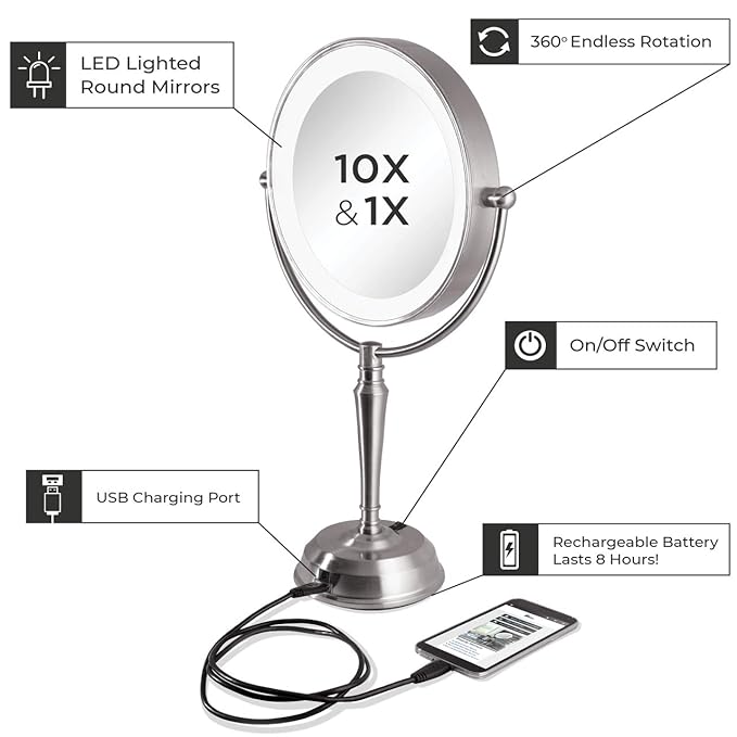 Zadro 11" Rechargeable LED Lighted Makeup Mirror with Magnification 10X/1X Tall 19" Desk Mirror with Lights USB Charging Port