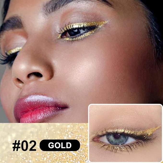 evpct 2Pcs Gold & Bronze Glitter Glittering Diamond Liquid Eyeliner Eye Makeup Pencil Set, Sparkle Shimmer Colored Eyeliner Pen Waterproof Smudge Proof Long Lasting High Pigmented
