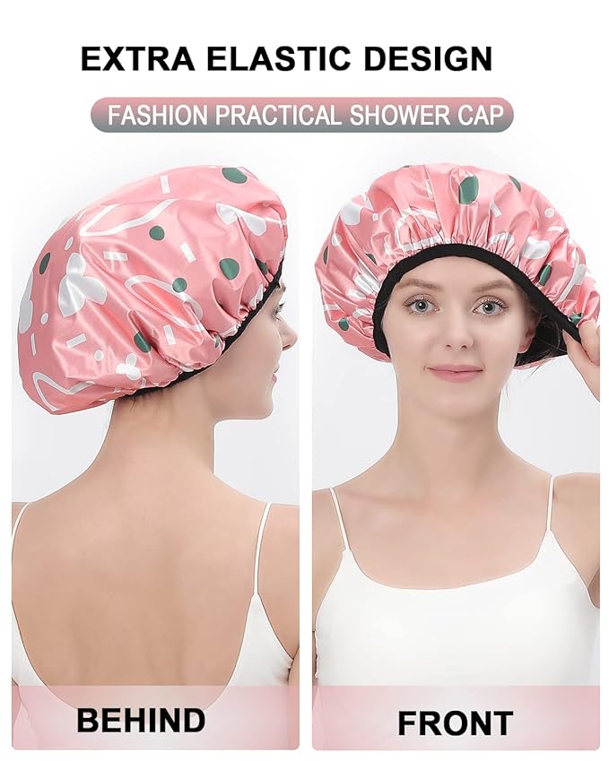 YIZIJIZI Triple Layer Reusable Waterproof Shower Cap for Women Large Terry Lined Hair Cap for Long Thick Hair Travel Bath Care Pink Flowers