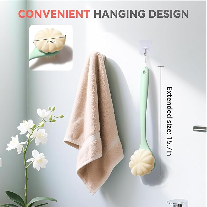 Back Scrubber for Shower, 15.7" Loofah with Handle, Back Shower Brush with Bristles and Loofah, Dry Brushing Body Brush for Cleanse Back and Hard to Reach Areas with Curved Long Handle