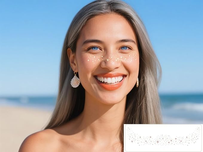 Glitter Freckles Temporary Face Tattoos, 6pcs Makeup Patches, Rose Gold, Silver and Gold Glitter Freckles Face Tattoo (B-Star)