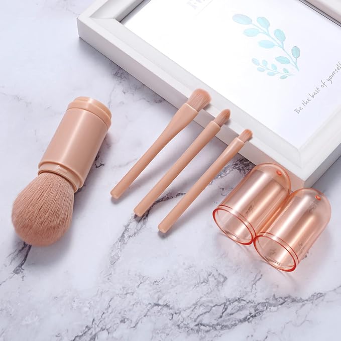 Vtrem Makeup Brushes Set Portable - 4 in 1 Travel Powder Brush, Lip Brush, Eyeshadow Brush, Highlight Brush, Foundation Blending Powder Brushes Retractable Make Up Brushes Set, Pink