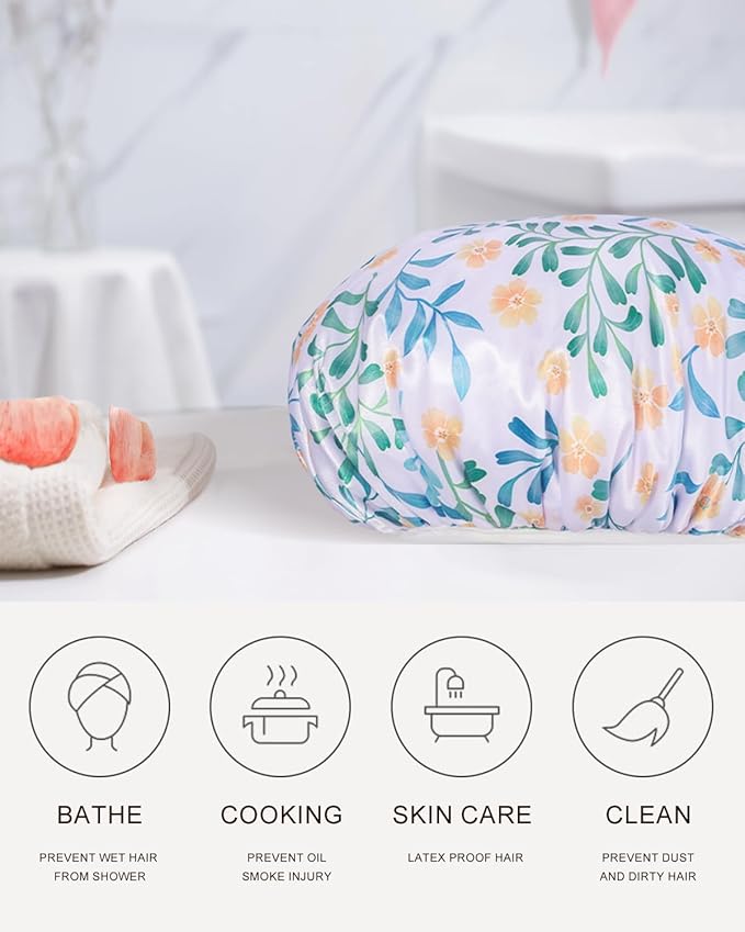 Shower Cap, Terry lined Reusable shower caps, Large Shower Cap for Women, Waterproof Hair cap Triple Layer Shower Caps for Long Thick Hair