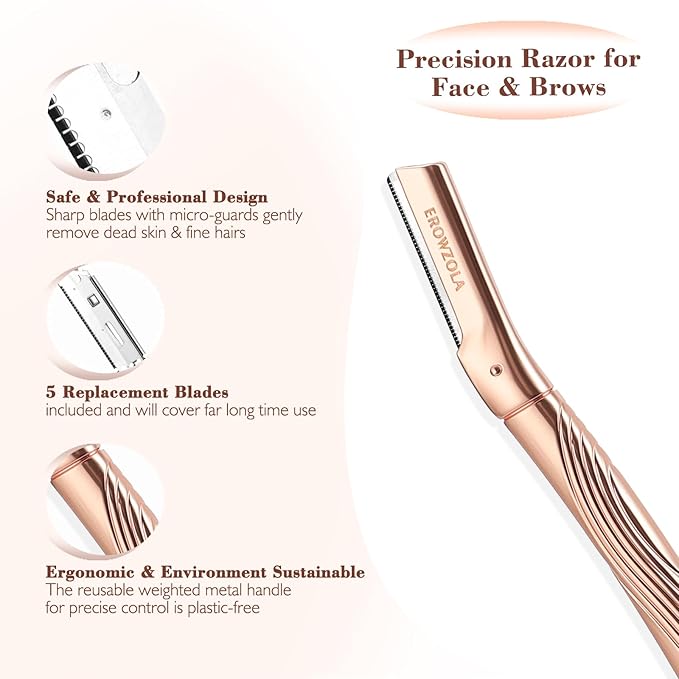 Eyebrow Razor, Face Razors for Women and Men, Reusable Metal Handle with 6 Refill Blades, Eyebrow Trimmer with Precision Cover, Dermaplane Razor, Skin Care Tool - Rose Gold