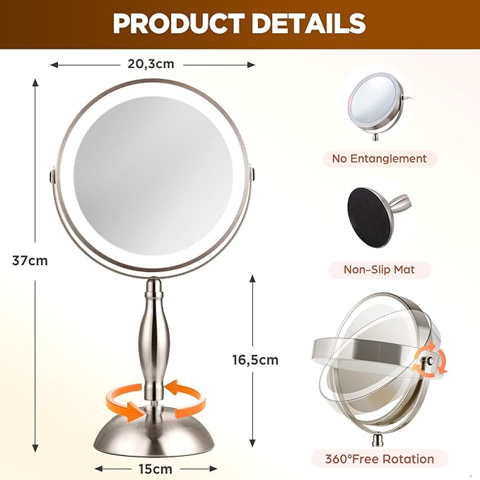 Makeup Mirror with Lighted, 30x Magnifying Mirror with 3 Lights Colors, Vanity Mirror Brushed Nickel - 360° Rotation, Brightness Adjustable Magnification, Modern Style Side Touch + Side Charge