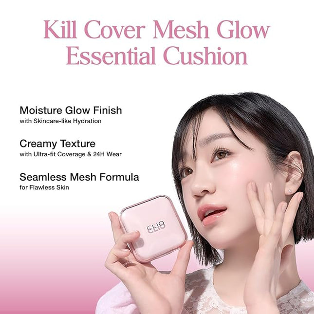 CLIO Kill Cover Mesh Glow Essential Cushion Foundation, Buildable Ultra-Fit Coverage with Glow Finish, Long-Lasting Hydration, Flawless Natural Cover for Radiant Skin, Korean Foundation (21C LINGERIE)