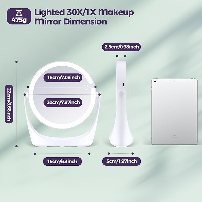 30X/1X Magnifying Mirror with Light, Makeup Mirror with Lights, Double Sided Magnifying Mirrors with Magnification, Portable Lighted Desk Mirrors with Storage, 3 Color Lights 360°Rotation