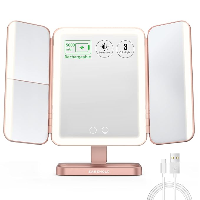 EASEHOLD Rechargeable Vanity Mirror with Lights, 116 LEDs Make up Mirror, 3-Color Lighted Makeup Mirror, 2X/3X/10X Magnification, 5000 mAh, Touch Sensor, Light up Mirror, Gifts for Women