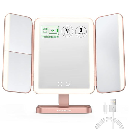 EASEHOLD Rechargeable Vanity Mirror with Lights, 116 LEDs Make up Mirror, 3-Color Lighted Makeup Mirror, 2X/3X/10X Magnification, 5000 mAh, Touch Sensor, Light up Mirror, Gifts for Women