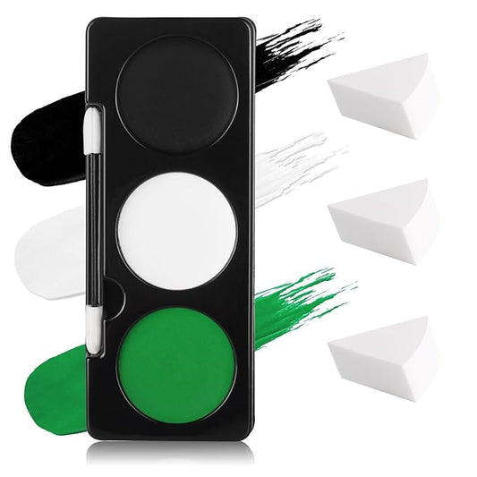 Green Witch Makeup Kit,Black White Green Face Paint + 3PC Sponge + Brush,Hulk Hunting 3 Colors Body Paint Palette,Safe Halloween Set for Kids,Eye Black for Baseball/Softball/Football,21g