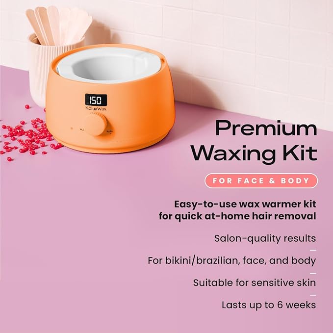 KoluaWax Premium Waxing Kit for Women - Hot Melt Hard Wax Warmer for Hair Removal, Eyebrow, Bikini, Legs, Face, Brazilian Wax - Machine, 4-Pack Beads, Accessories, Peach Fuzz