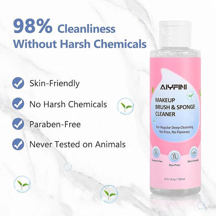 Alyfini Makeup Brush & Sponge Shampoo, Ultra Concentrated, Deep Clean Foundation/Lipstick, Professional Cleanser Solution, Efficient Dissolves Residue on Make Up Brushes/Sponges/Puff, 5.1 Fl Oz/150ml