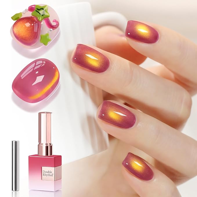 Double Rhythm 0.5 OZ Cat Eye Gel Polish with Magnet 15ML Holographic Glitter Shimmer Translucent Jelly Color Magnetic Nail Polish Salon DIY at Home (Sunny Red Purple-MC1252)