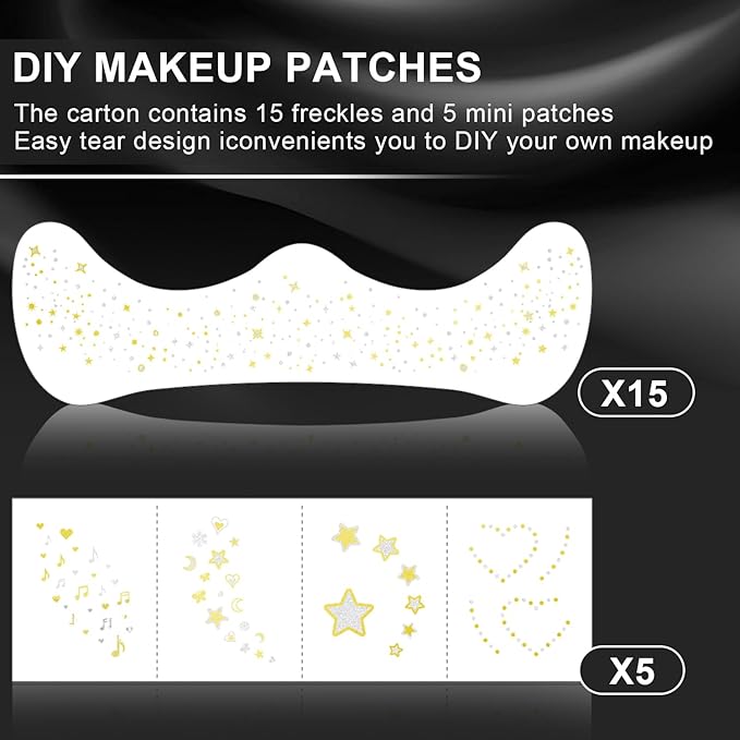 20 Pcs Gold and Silver Face Makeup Patches, Gold & Silver Glitter Freckles Face Tattoos, Gold Glitter Freckles, Sparkle Makeup Patches, Waterproof Face Glitter Patches for Women