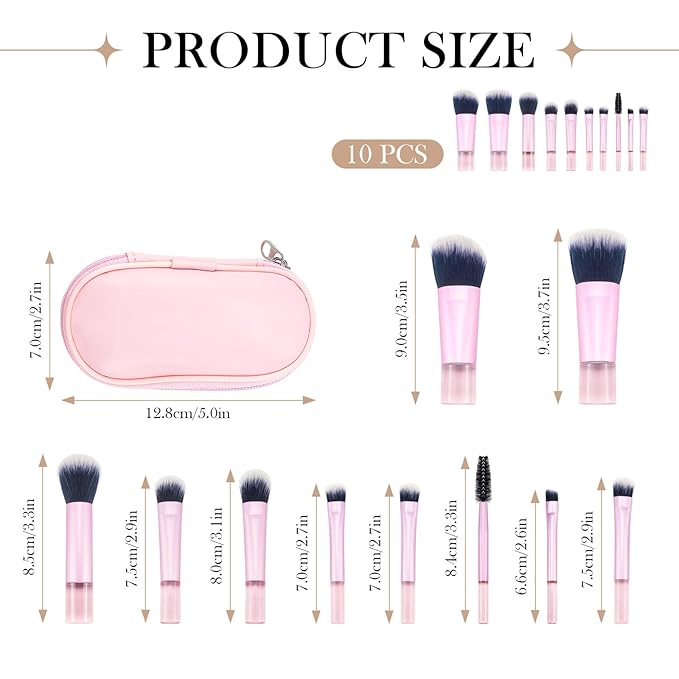 10 Pcs Mini Portable Makeup Brush Set Complete Travel Cosmetic Brushes Kit with Pouch for Blush Powder Eyeshadow Perfect for Women and Girls(pink)