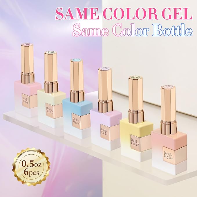 Double Rhythm 6 Pcs 15 ML Gel Polish Set Same Color Same Bottle Soak Off Gel Polish Kit Nail Art Manicure Salon DIY at Home for Women (Jelly Blue Purple Nude Pink-T6-40)