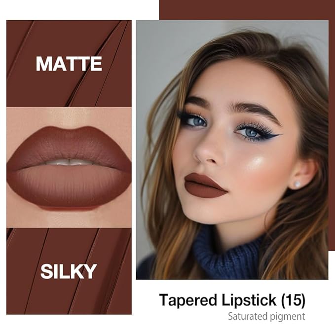 Kaely Dark Brown Gradient Matte Lipstick Lip Liner Pencil for Women, 2in1 Flawless Contour Gradual Ombre Effect Lip Pencil Makeup Waterproof, labiales mate 24 horas originales, 15