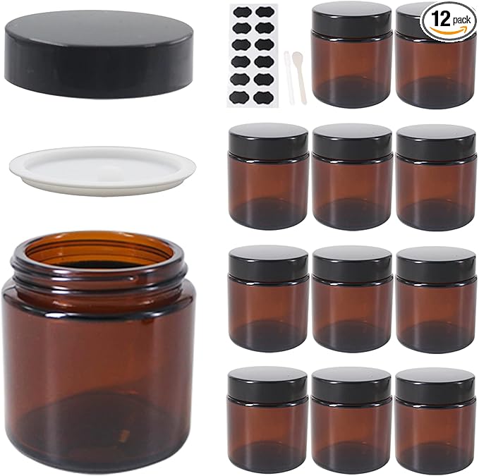 12 Pack 4 oz Round Amber Glass Cosmetic Jars with Inner Liners, Black Lids, Spatula, Chalk Labels, Pen, Candle Holder, Refillable Containers for Makeup, Cream, Sugar Scrubs, Bath Salts