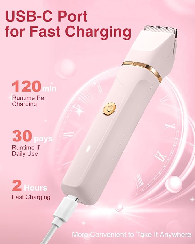 Bikini Trimmer for Women, 3 in 1 Electric Shaver for Womens,Painless Personal Body Hair Groomer,Smooth Hair Trimmer for Pubic Hair,USB-C Charger,IPX7 Waterproof,Ceramic Blades,Peach
