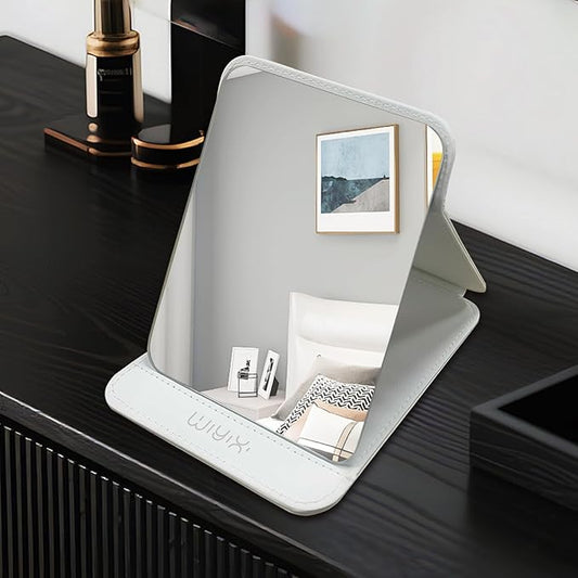 Foldable Travel Makeup Mirror, Adjustable Angle Portable Standing Vanity Mirror, Compact PU Leather Design for Home/Camping/Desktop Use,Elegant White(8.4"x6")
